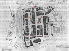 Rys. 2. Rozmieszczenie studni w Reszlu – plan miasta z 1806 roku wg K. Materna i G. Materna